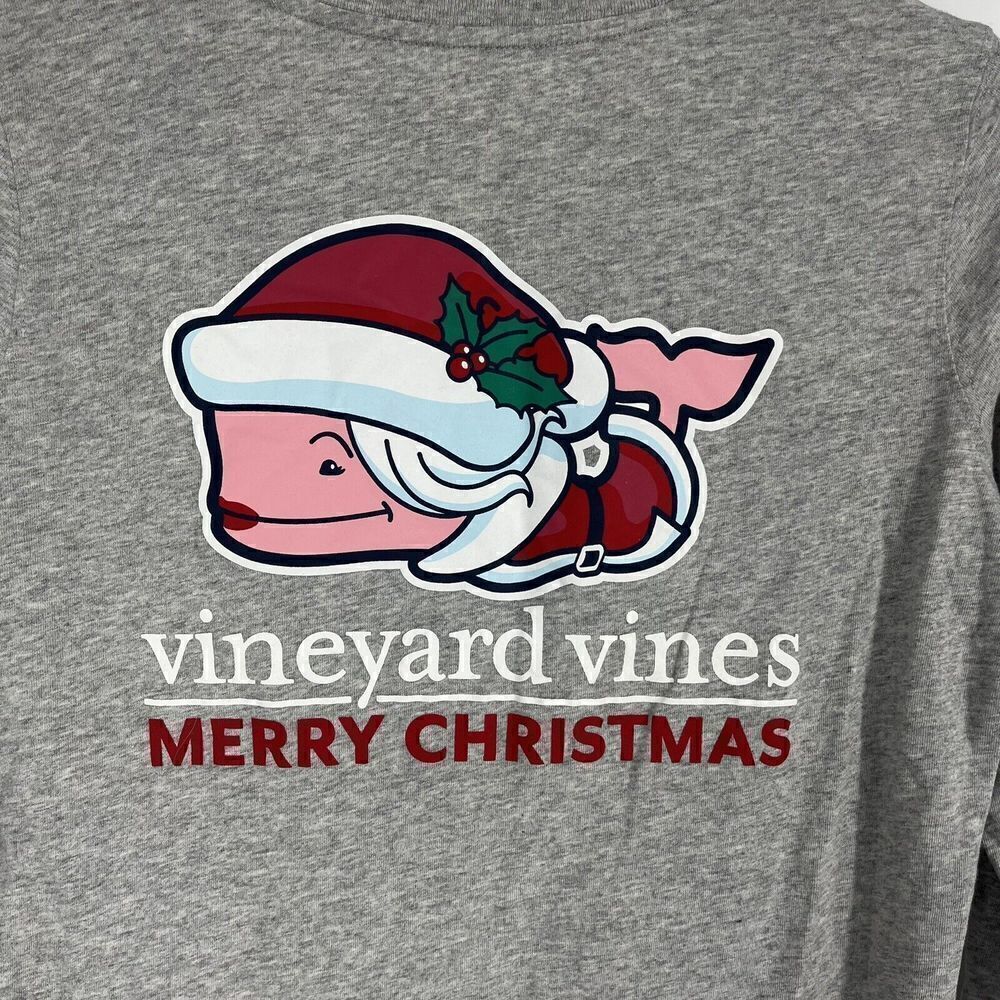 Vineyard Vines T Shirt Size XS Gray Pocket Tee Merry Christmas Whale Long Sleeve